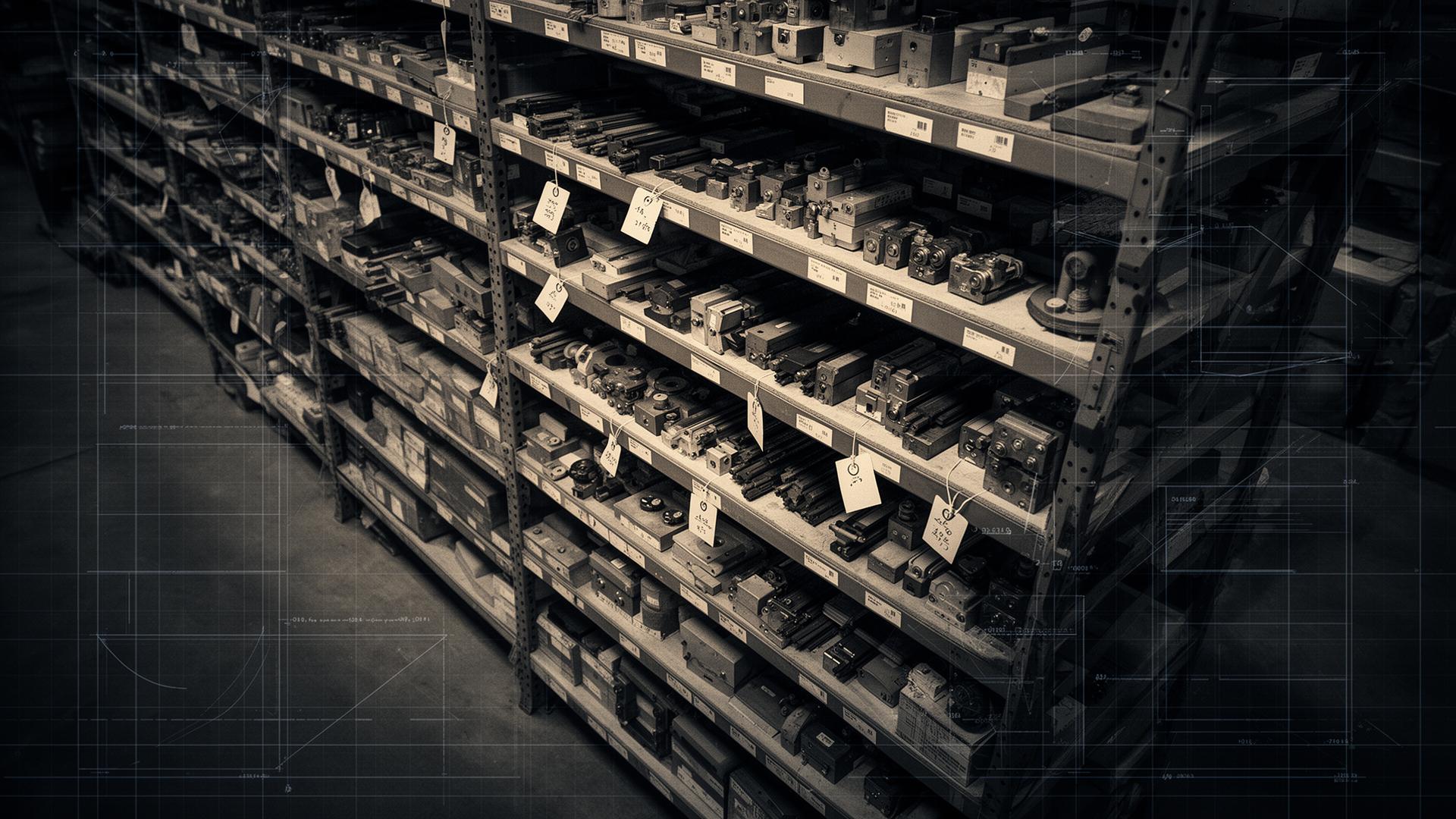 Industrial shelving with tagged products — visual reference for Catalogue.