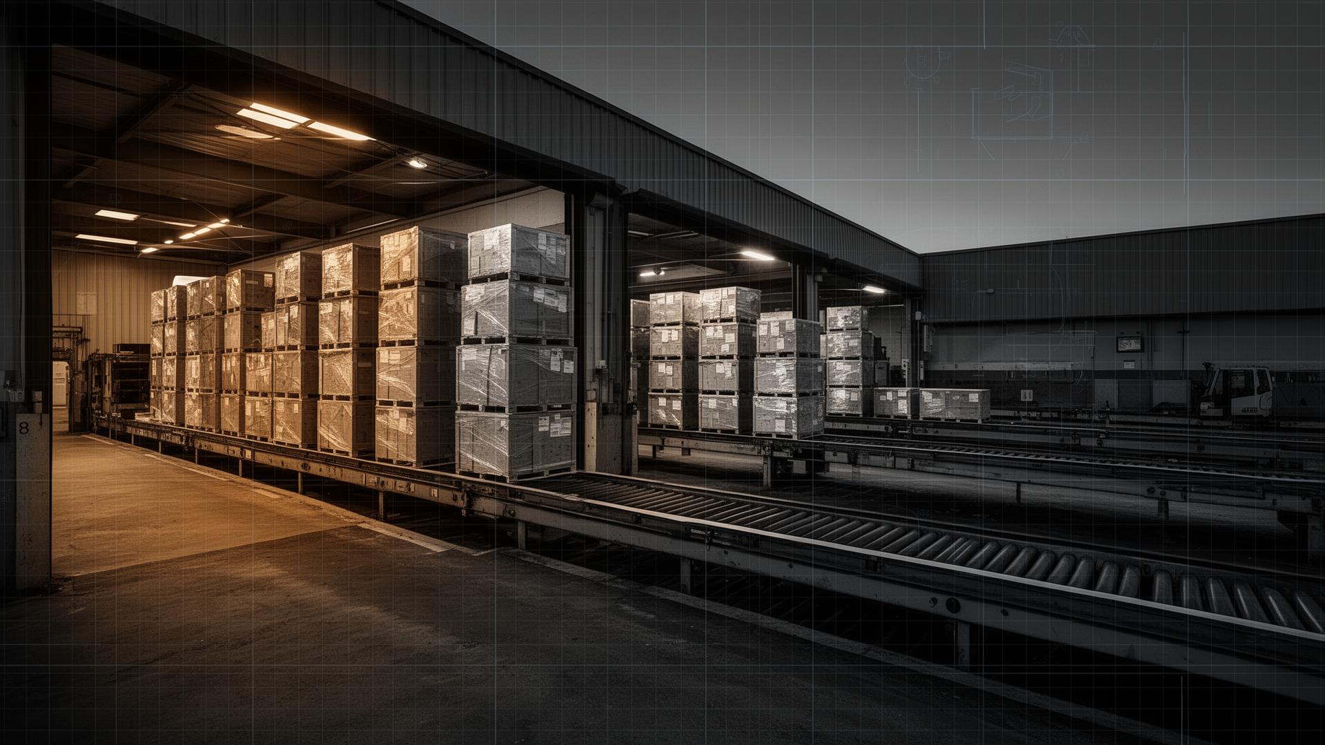 Industrial loading dock with palletised crates ready to ship — visual reference for Commerce.