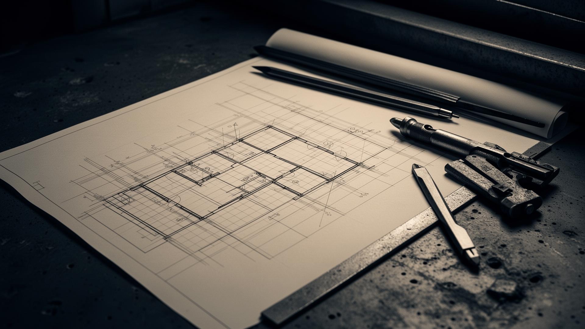 Technical blueprint on a drafting table — visual reference for Presence.
